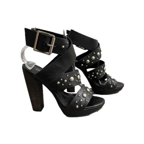 VERA Wang Lavender Label Black Leather Heel Sandals with Studs - Picture 5 of 10